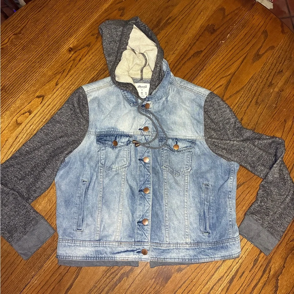 Denim Co Kids Mixed Media Jean Jacket‎ Hoodie Light Wash Grey Size 14